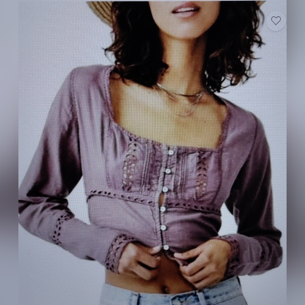 NWT - Free People Cropped Eyelet Joi Blouse - Roan Rouge - Size XL